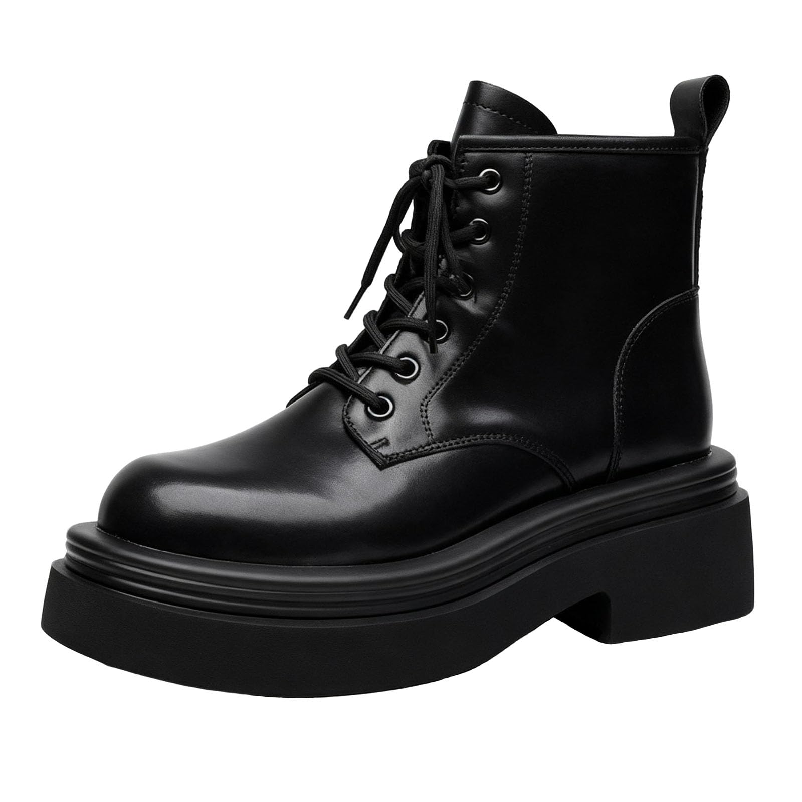 Womens Goth Leather Lace-Up Platform Chunky Ankle Boots Vintage Comfortable Round-Toe Thick Sole Mid-Top Combat Boots Fashion Fall