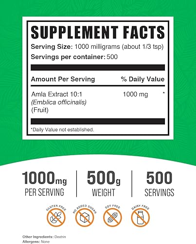 Miniatura 2 de BulkSupplements. com Amla Extract Powder - Extracto de grosella espinosa india, polvo de amla, sin gluten, 0.04 oz por porción, 17.64 oz (1.1