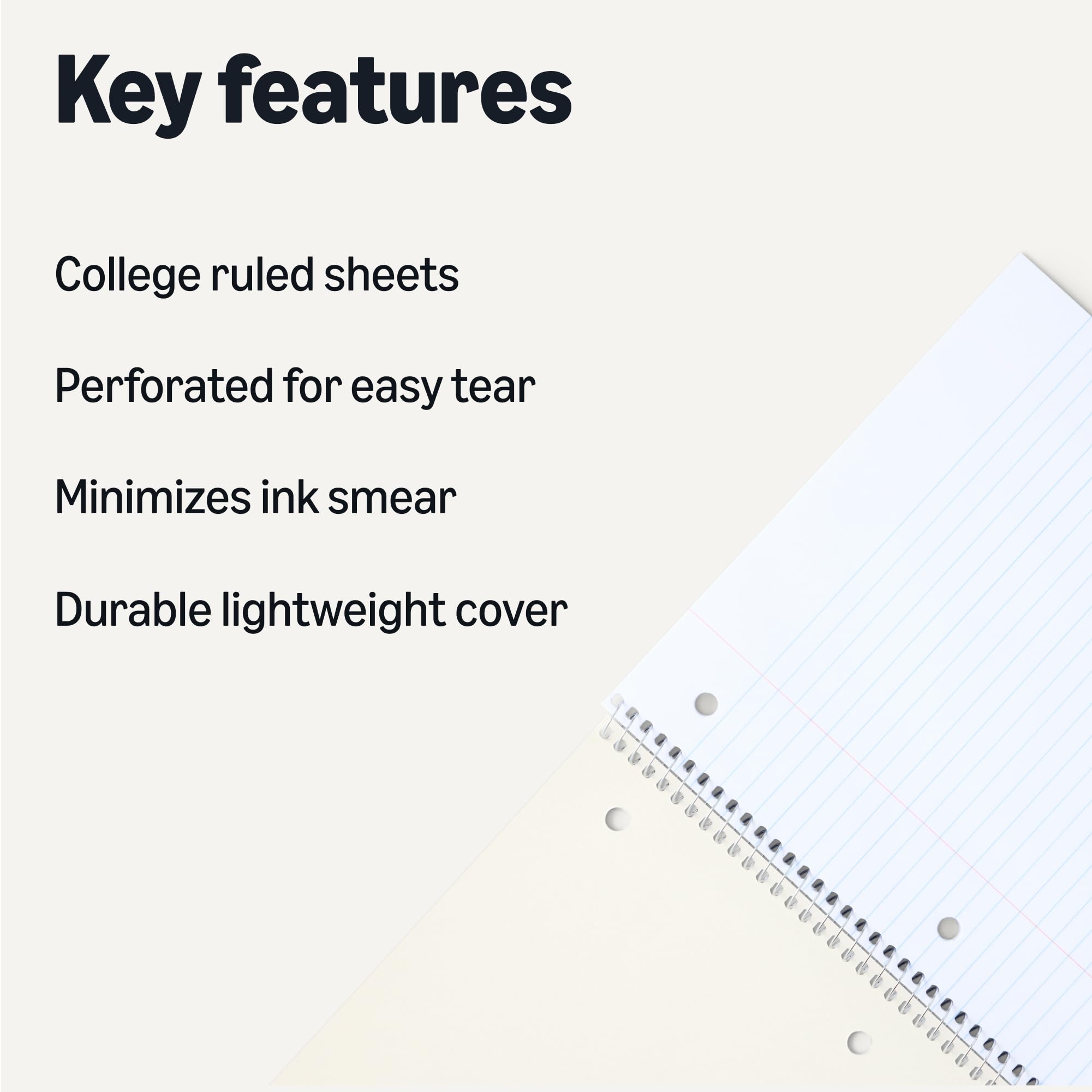 Amazon Basics College Ruled Spiral Notebook, 70 Sheets, 10.5" x 8", 5 pack, Assorted Pastel Solid Colors