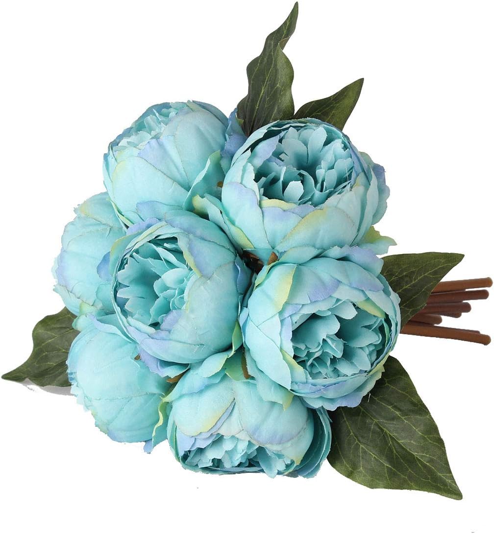2 Packs of Artificial Peony Flowers Silk Peonies Fake Flower Bouquet Arrangements for Home Wedding Party Decoration (Blue Green，2 Packs)