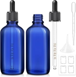 Bumobum Dropper Bottle 2 Pack, 3.4 oz Blue Glass Eye Dropper Bottles for Essential Oils - 100ml Empty Bottle with Measured dropper, Leakproof Travel Bottles with 1 Funnel & 1 Pipette & 4 Labels