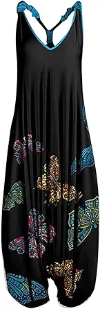 OIOLOYJM Summer Plus Size Boho Overalls for Women 2025 Fashion Jumpsuits Loose Fit Rompers Floral Printed Baggy Harem Pants