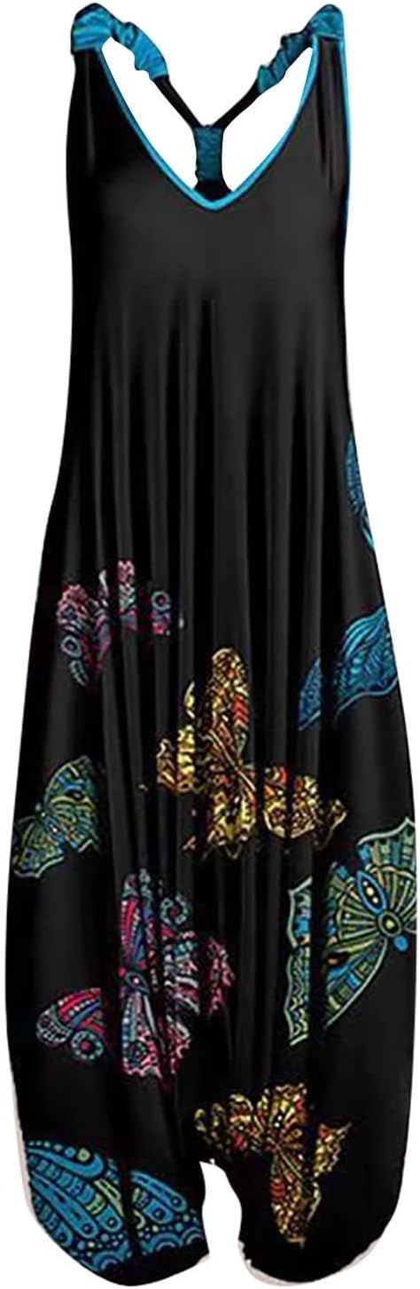 OIOLOYJM Summer Plus Size Boho Overalls for Women 2025 Fashion Jumpsuits Loose Fit Rompers Floral Printed Baggy Harem Pants