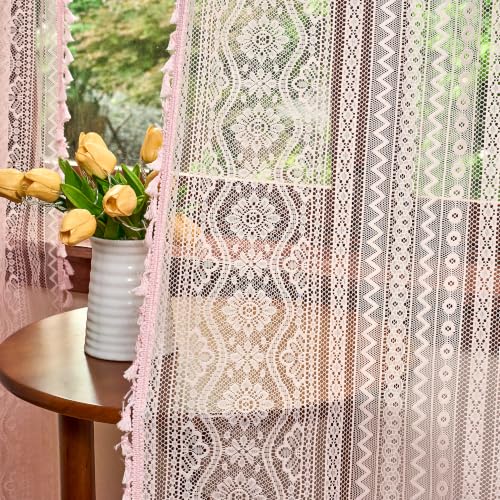 Image of MYSKY HOME Pink Sheer Lace Curtains 2 Panels 84 inch Length for Girls Room Nursery Boho Vintage Floral Crochet Pattern Privacy Rod Pocket Tassels Small Windows Curtains, Wide 55 inch, 2 PCs