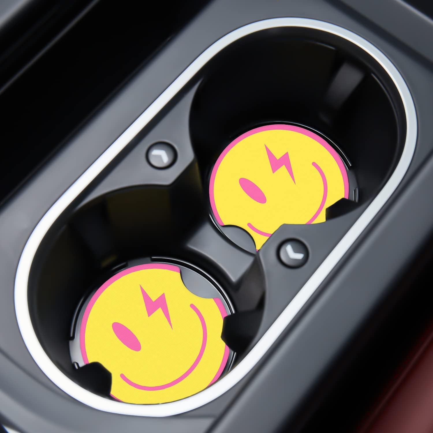 Jupswan Car Cupholder Coaster Absorbent 2 Pack Cute Yellow Smiling Face Rubber New Automotive Cup Holder Decal Decor Accessories for Women Men BD0822-9
