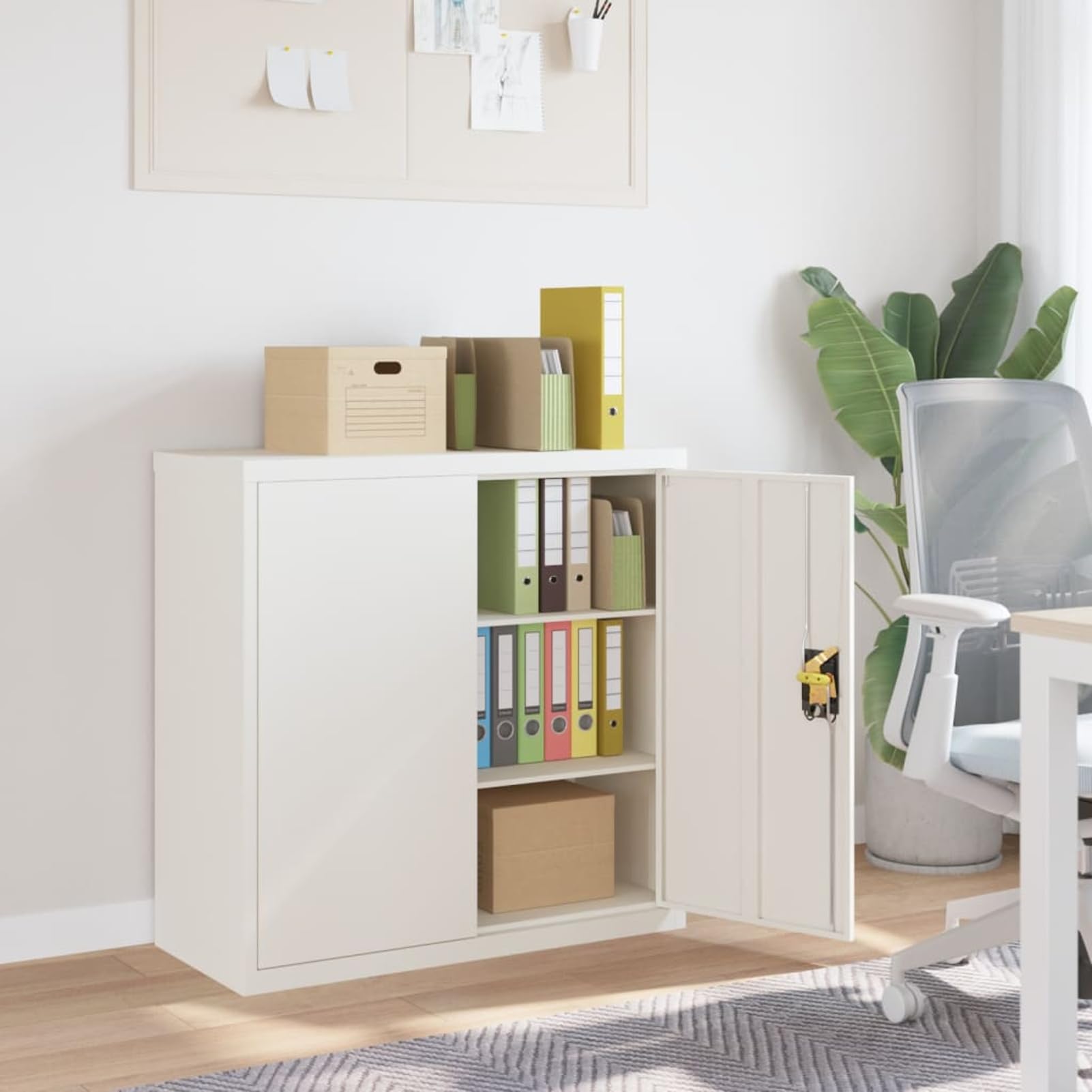 Homgoday Classificatore per Documenti in Acciaio Verniciato a Polvere, 2 Ripiani, Ante Bloccabili, Bianco, 90x40x90 cm, Capacit¨¤ di Carico 30 kg per Ripiano, Assemblaggio Richiesto