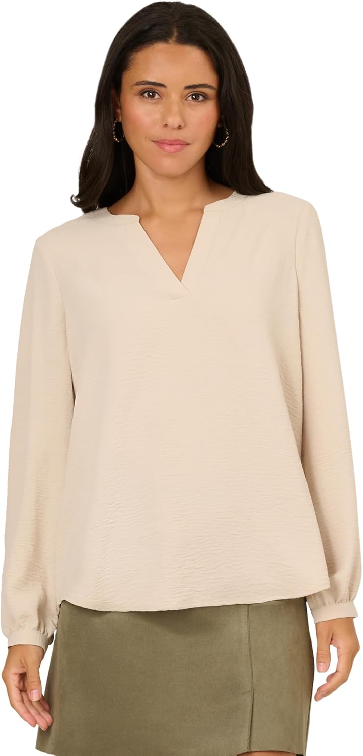 Adrianna Papell Womens V-Placket Airflow Woven Blouse with Long Sleeves