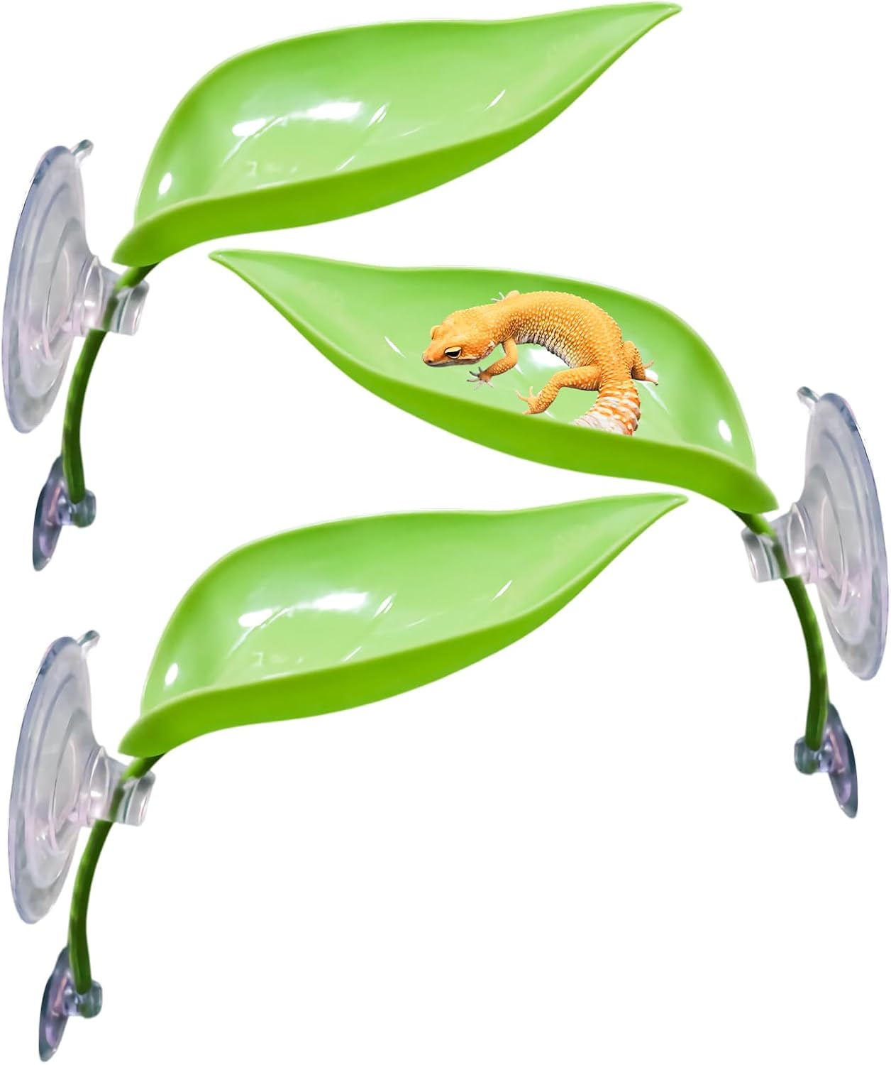 3 Pack Plastic Leaf Decorations with Suction Cups, Gecko Tank Accessories, Reptile Terrarium Decorations for Crested Geckos, Leopard Geckos