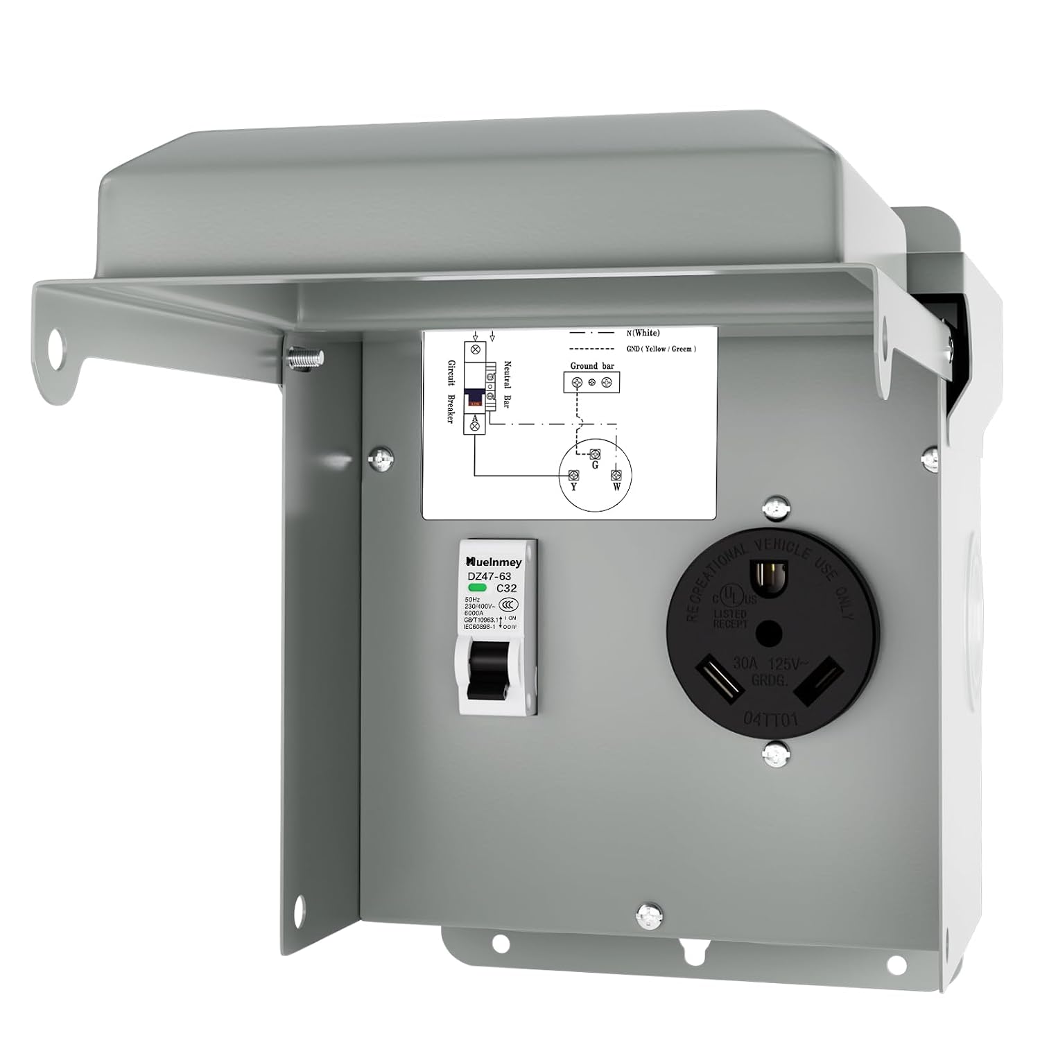 30Amp Temporary Power Panel RV Power Outlet Box with Circuit Breaker for 125V/250V,Outdoor Pre-Wired Panel Weatherproof Circuit Breaker Box for RV/EV Electric Generators,etc.