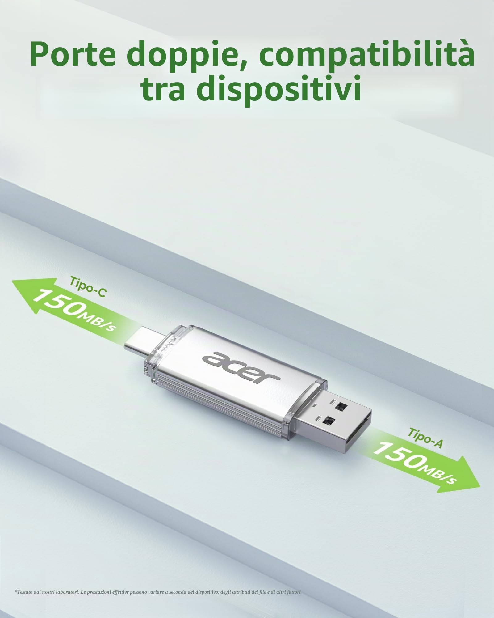 Acer Chiavetta USB UT300 256GB USB 3.2 Gen1 Fino a 150MB/s con Doppia Porta Tipo-A & Tipo-C Chiavetta USB per PC/Laptop/MacBook/Smartphone