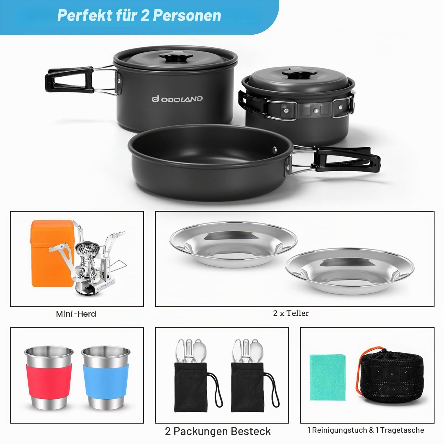 Odoland Kochgeschirr Camping-Set mit Töpfen und Pfanne Tasse Teller Besteck faltbar Geschirr für 1-2 Personen leicht und kompakt für Camping Trekking Picknick Wandern