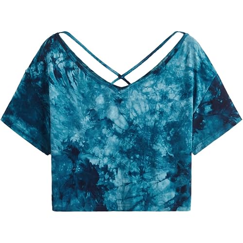 SweatyRocks Women's Tie Dye Criss Cross Back Short Sleeve Crop Summer T Shirt