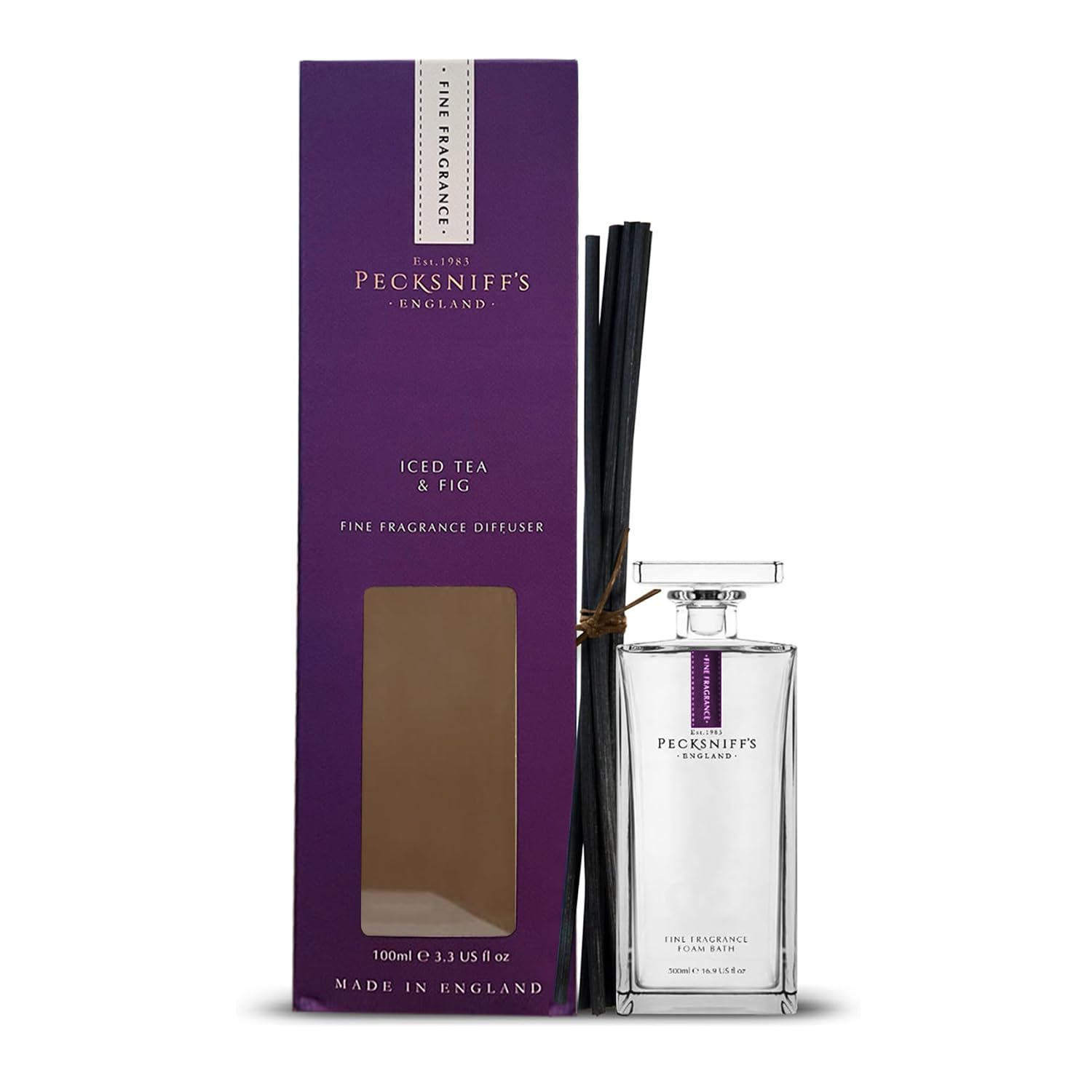 Pecksniffs Prestige 100ml Square Diffuser Set, Iced Tea & Fig Scent - Elegant, Refreshing, Floral Fragrance with Musk and Amber – Ideal for Home and Office Decor