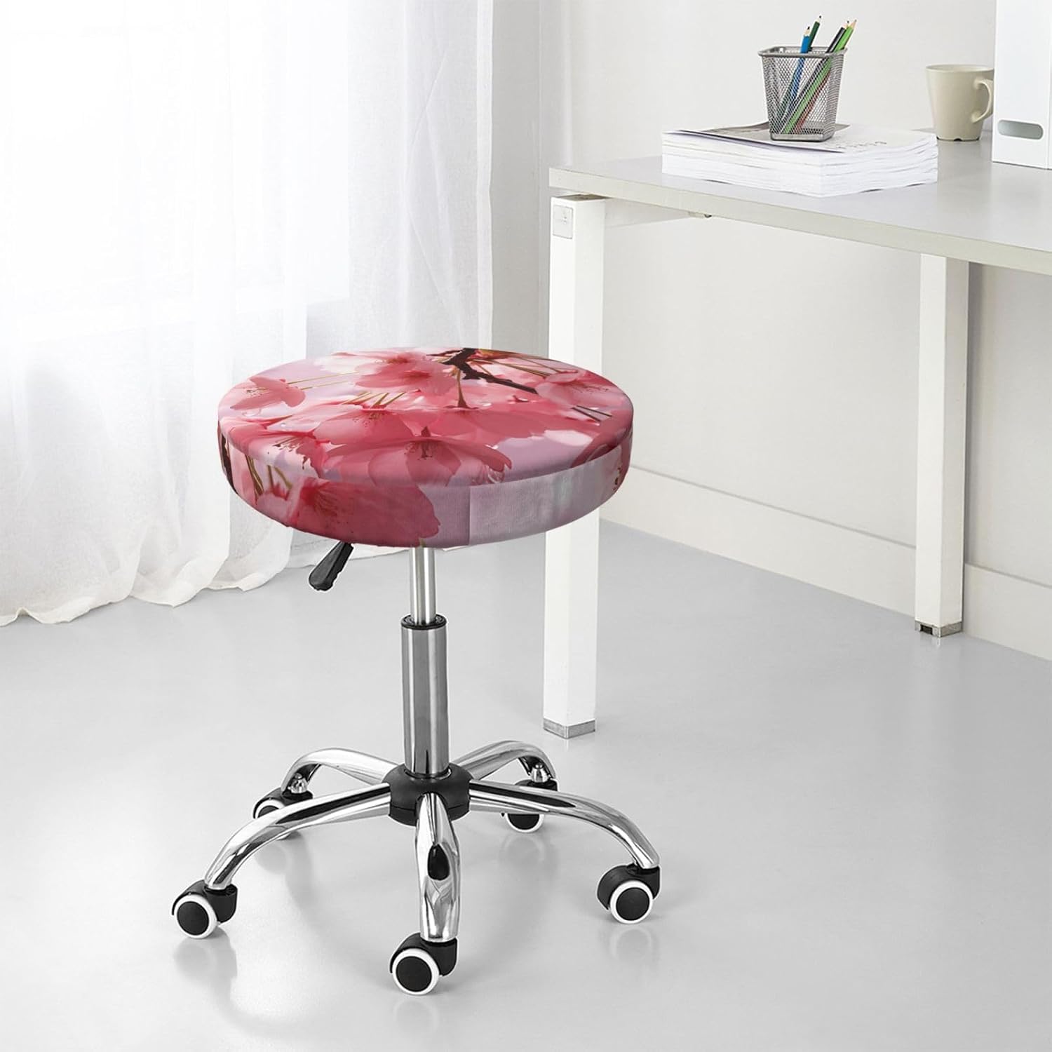 Bar Stool Cover Round Elastic Stool Cushion Covers Cherry Blossoms Bar Chair Cover Washable Stool Cushion Slipcover Stretch Stool Seat Covers for 12-14 Inch Chair