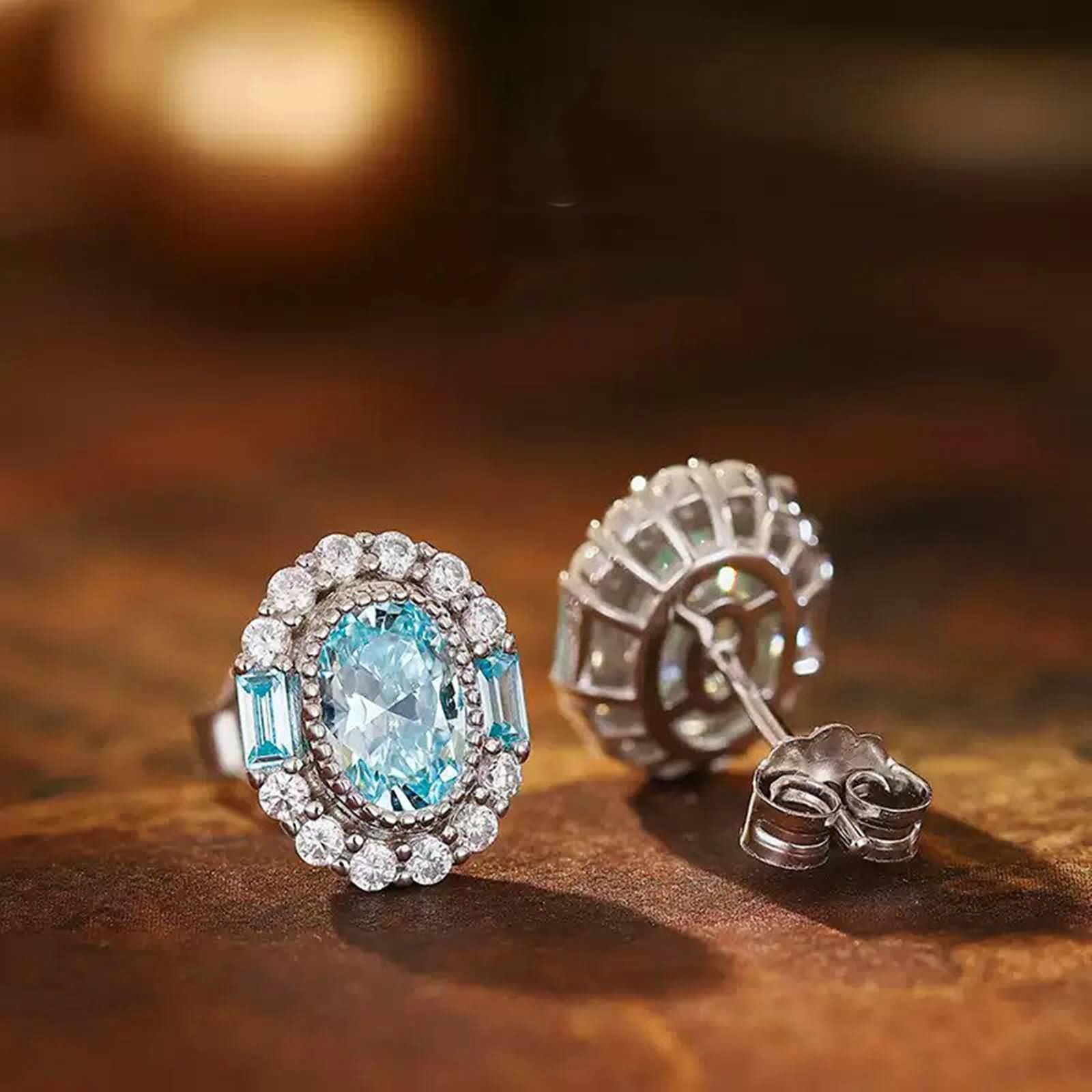 Weißgold 375/585 / 750 Ohrringe Hochzeit Damen, Oval mit Künstlicher Paraiba-Turmalin und Moissanit, Schmuck Frauen Hellblau Silber Ohrringe