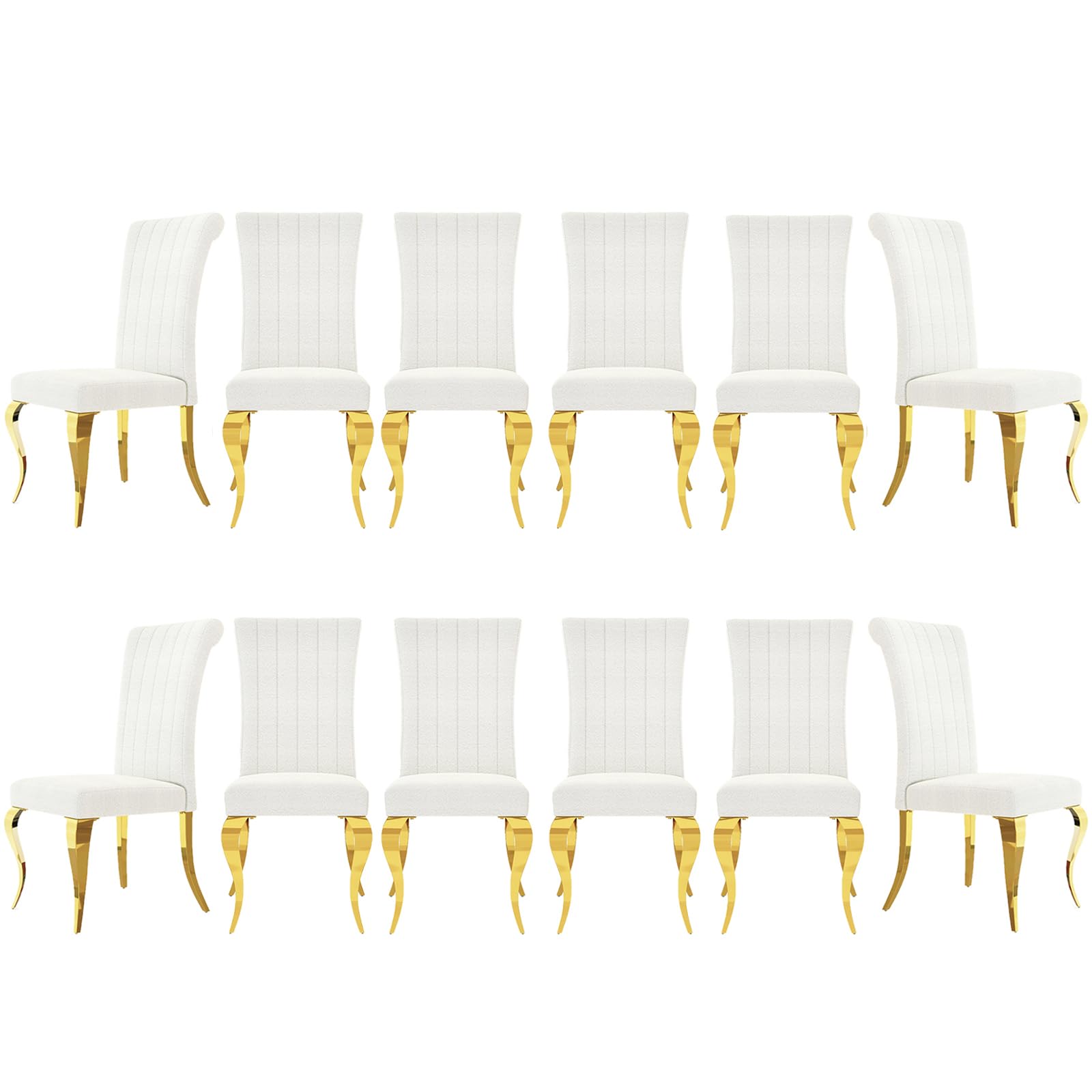 White and Gold Boucle Upholstered Dining Chairs Set of 12