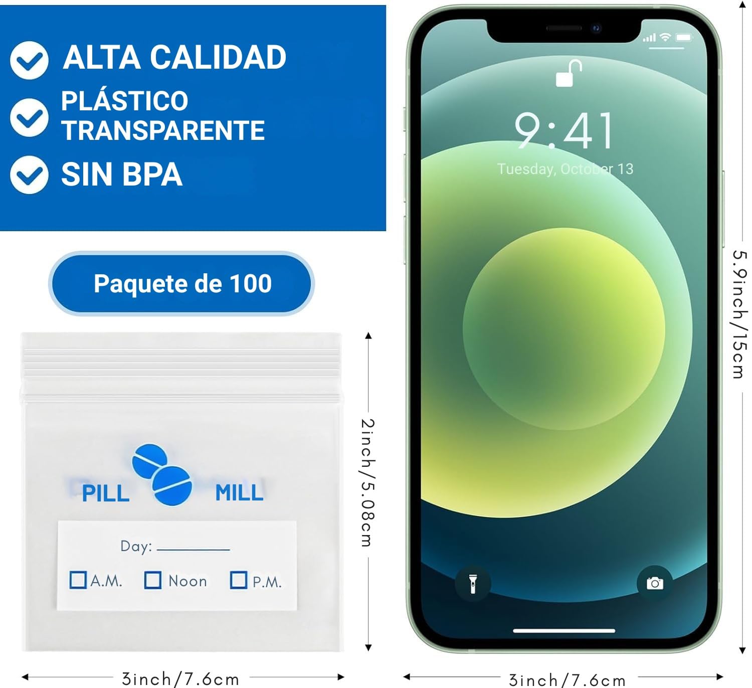 Bolsas para píldoras - Tamaño 3" x 2" - 3 Mil - Contenedor de píldoras organizador de medicinas diarias (paquete de 100)