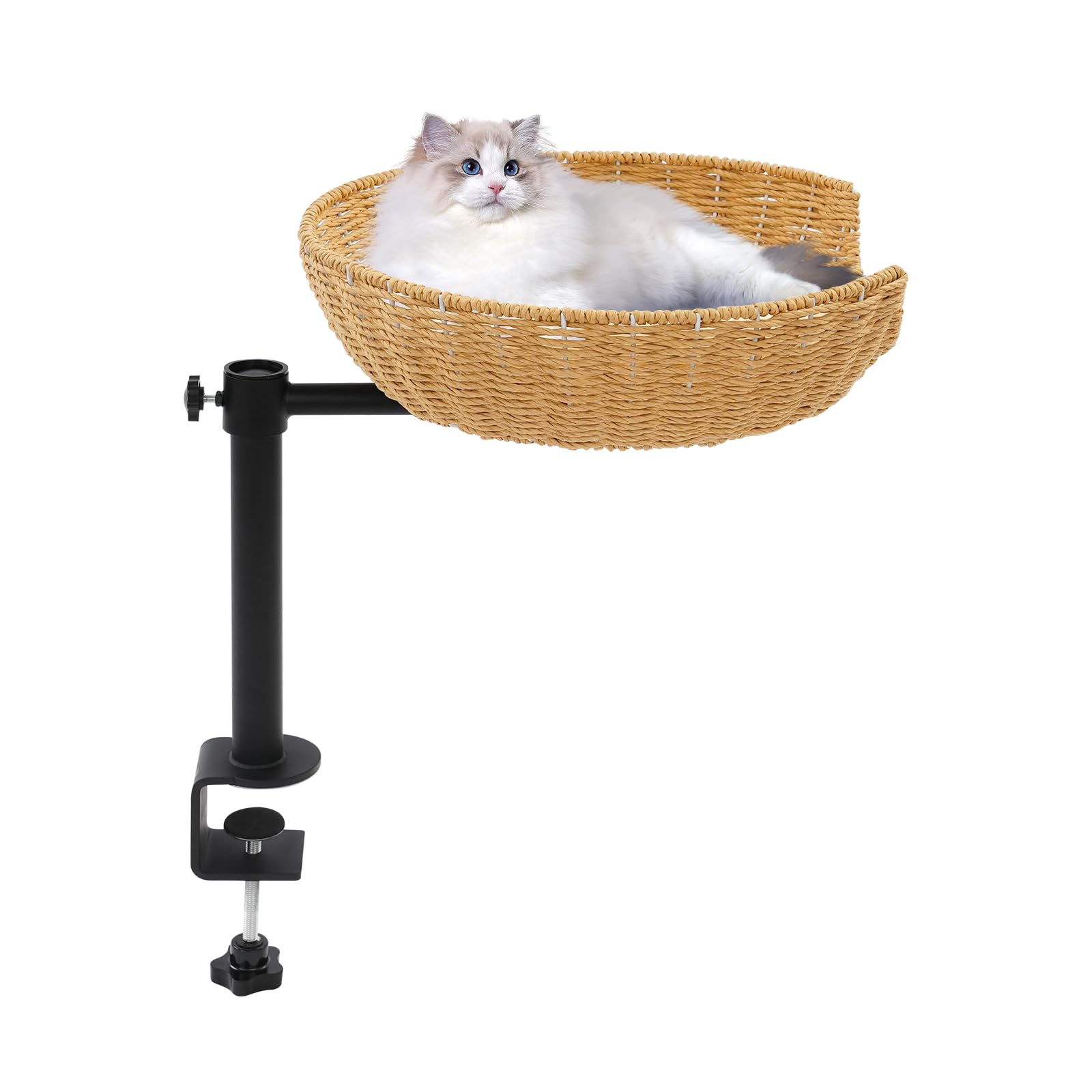 Katzenbett für Schreibtisch mit 360° Drehfunktion, Höhenverstellbares Erhöhtes Katzenhaus aus Papierkordel, Tischmontage Katzenhängematte mit 2 Saisonalen Polstern, Tragfähigkeit bis 22 kg, 40x13 cm