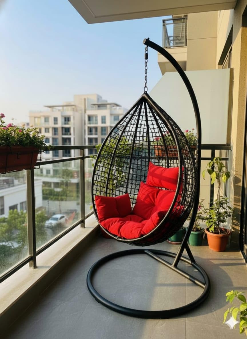 Swing Chair Single Seater Hanging Egg Chair with Stand, Black Wicker with Red Cushion, Teardrop Shape Swing Seat for Balcony-image-8