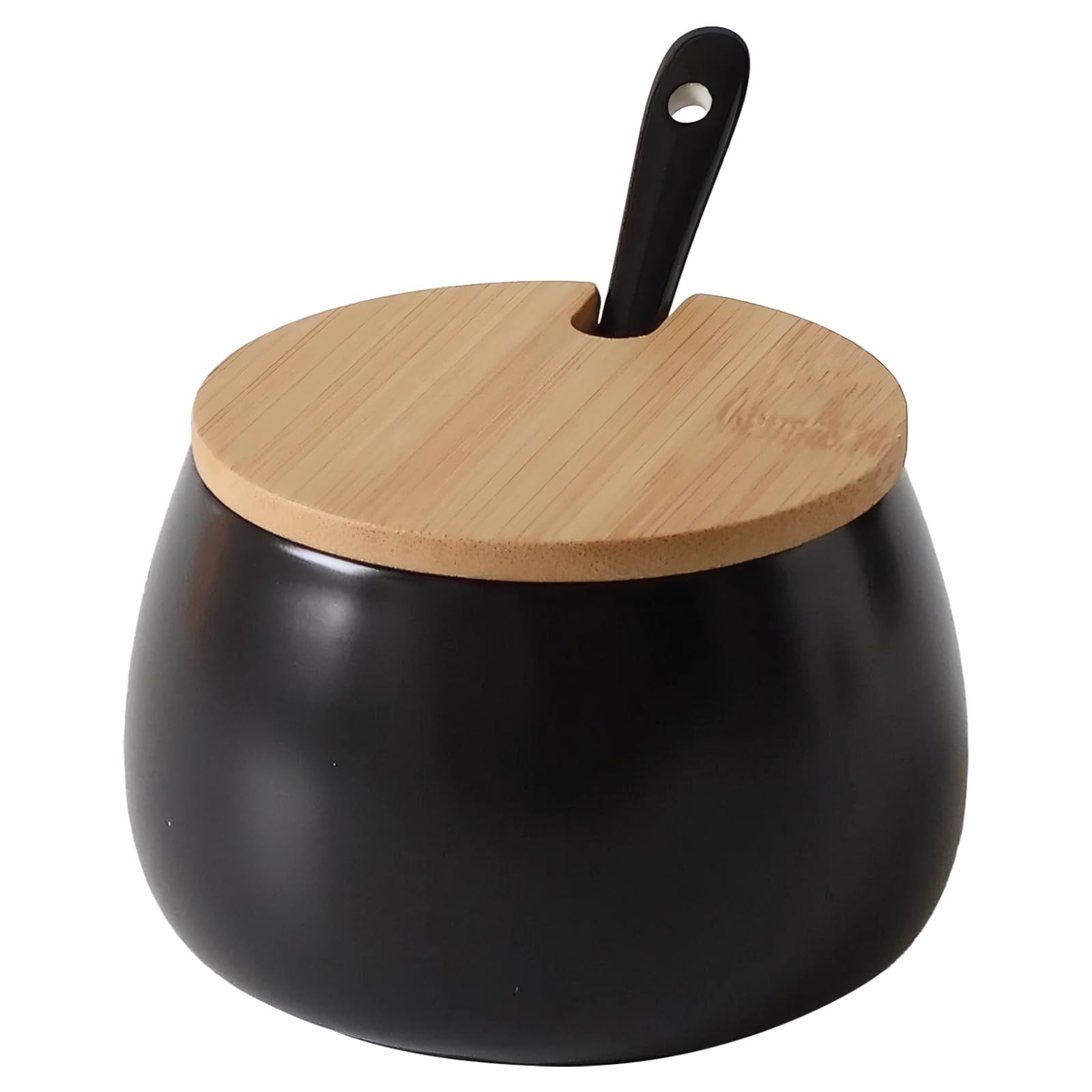 Packool Ceramic Sugar Bowl with Lid and Spoon, Matte Black Sugar Bowls for Countertop, Drum Shape Sugar Bowl 3.7 x 3.7 x 2.6 in / 9.4 x 9.4 x 6.5 cm, Kitchen Salt and Sugar Container