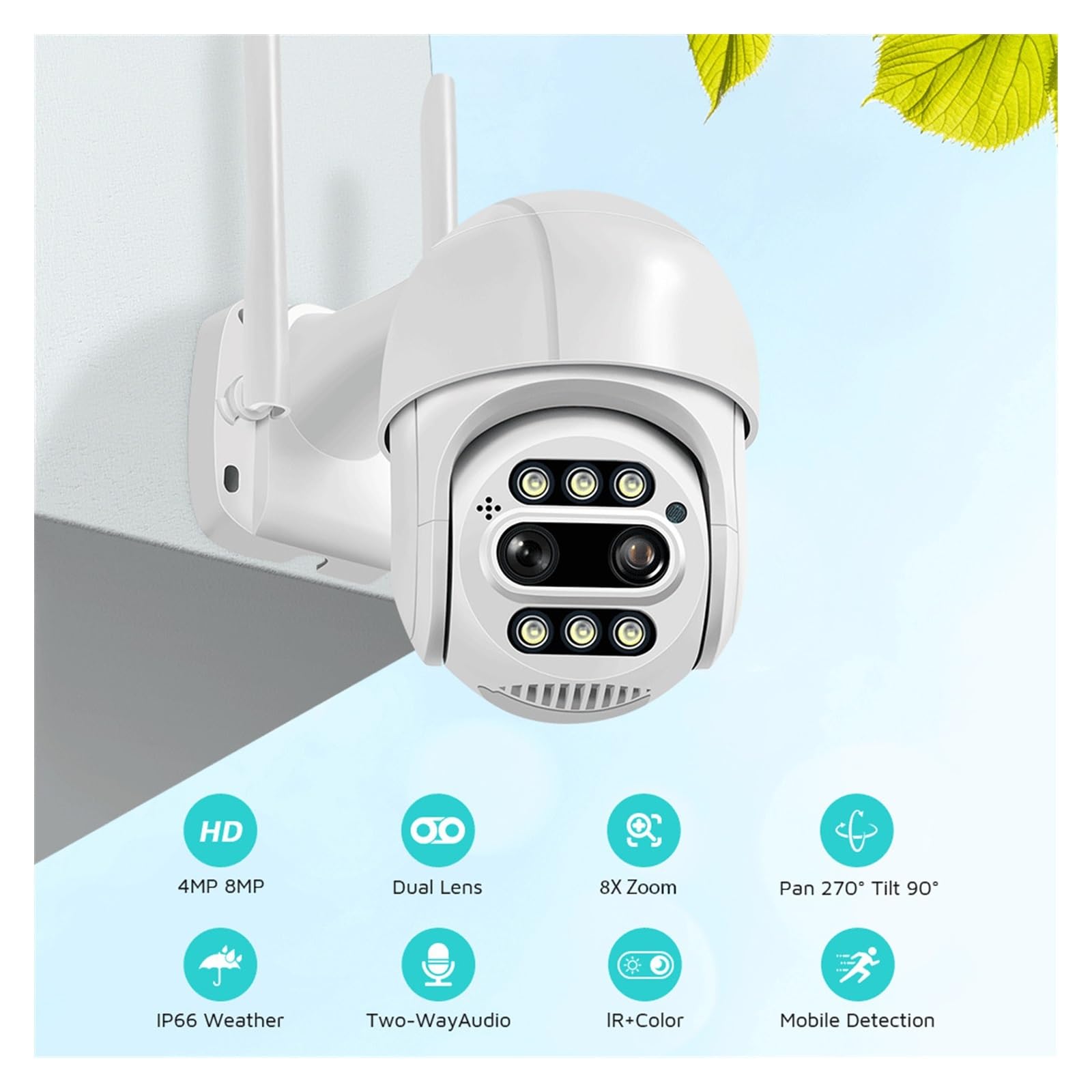 Telecamera WiFi Esterno, 8MP 4K PTZ Telecamera IP 8X Zoom Dual-Lens Human Detect Telecamera CCTV Telecamera di videosorveglianza Esterna CCTV,Sicurezza, Antifurto(8MP,64G SD Card)