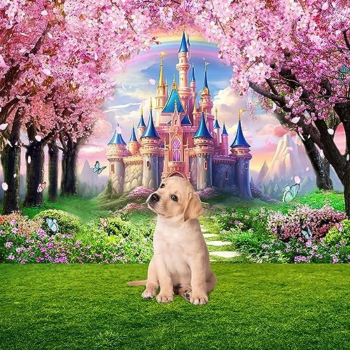 Riyidecor Princess Castle Backdrop Rainbow Pink Sakura Flowers Floral Fantasy Fairy Tale Wonderland 7Wx5H Feet Photography Background Birthday Wedding Party Photo Studio Shoot Polyester Fabric - 3
