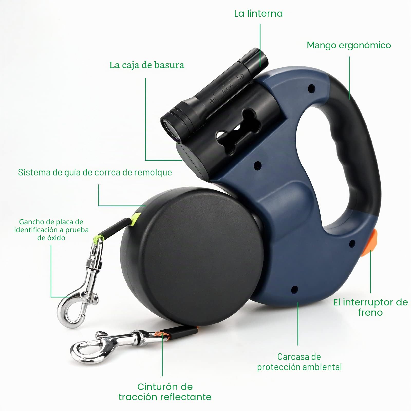 Correa retráctil doble para perro, reforzada y extensible con mango antideslizante, con luz LED y caja de basura para pasear a 2 perros, banda de nailon fuerte sin enredos de 360°, freno con una sola