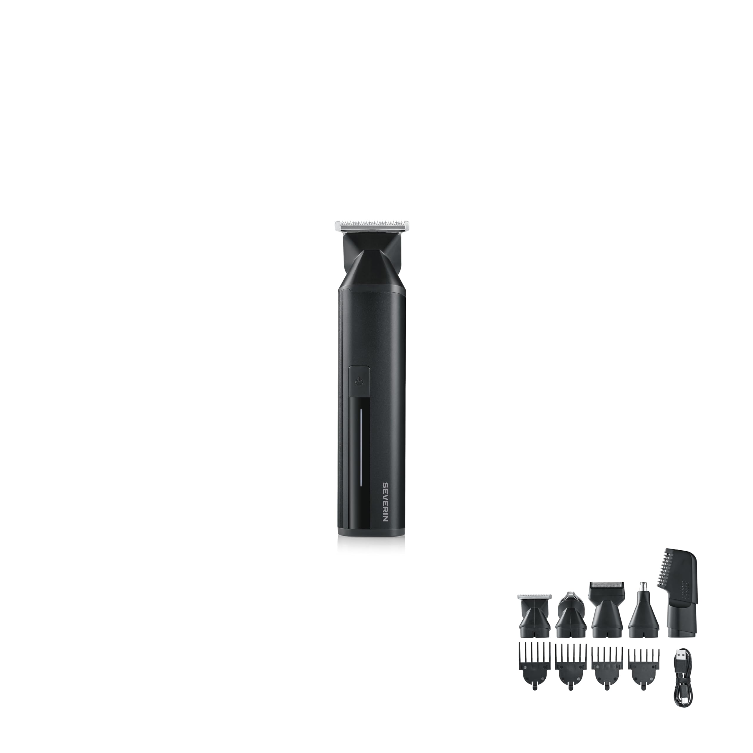 Severin Multi Grooming Set, Haarschneidemaschine, Barttrimmer, Körpertrimmer, Nasenhaartrimmer, Herren, wasserdicht, kabellos, 90 Min. Akku, 6 in 1, 3/6/9/12 Schnittlängen, schwarz, HS 0710