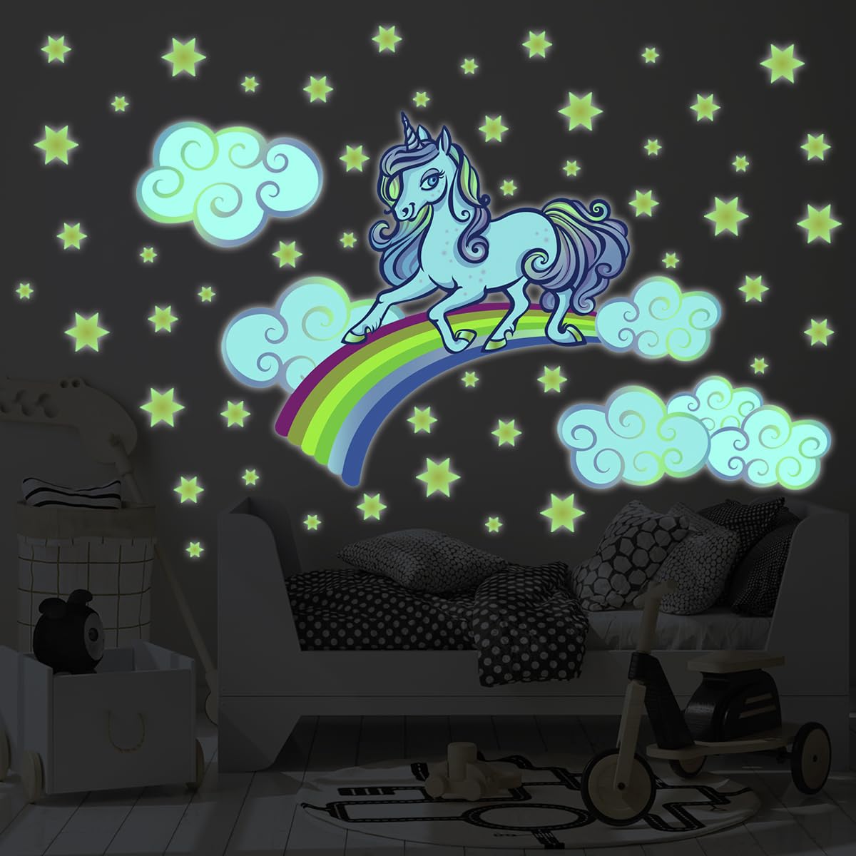 Ambiance Sticker Świecąca fosforyzująca naklejka ścienna ścienna dla dzieci fluorescencyjny jednorożec na tęczy - wys. 50 x dł. 65 cm