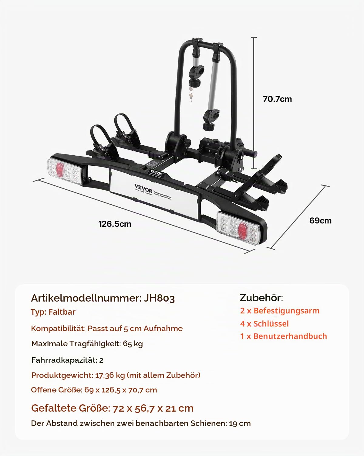 VEVOR Faltbarer Fahrradträger Kupplungs-Fahrradträger passend für 5 cm Aufnahme, Heckträger Radträger für 2 Fahrräder bis 65 kg Tragkraft, abschließbarer Fahrradträger für E-Bikes mit Rücklicht