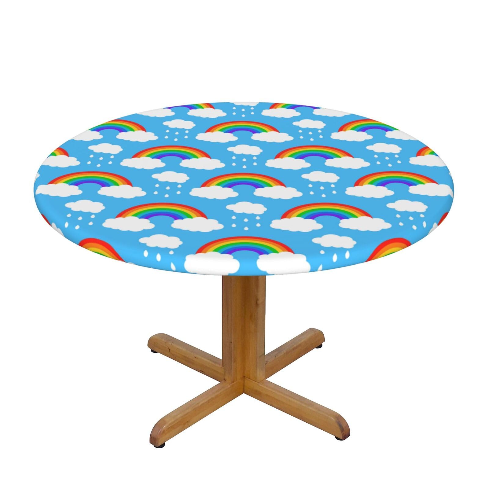 Ffshkowe Rainbow Clouds Raindrop Elastic Round Tablecloth Oil Proof Table Cover For Dining Party Picnic