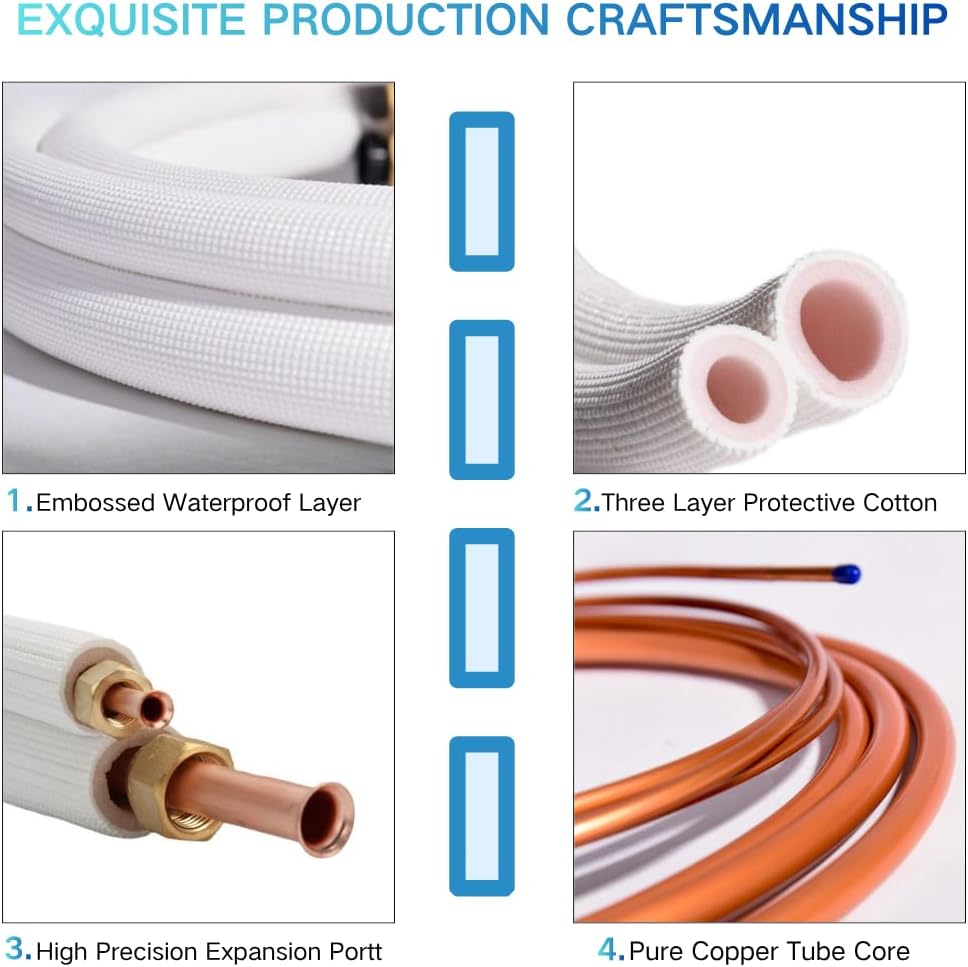 50 Ft Mini Split Line Set, 1/4" & 3/8" OD Flared Copper Tubing Pipes and 3/8" Thickened PE Insulated Coil with Nuts & Kit for Mini Split Air Conditioner & Heat Pump System