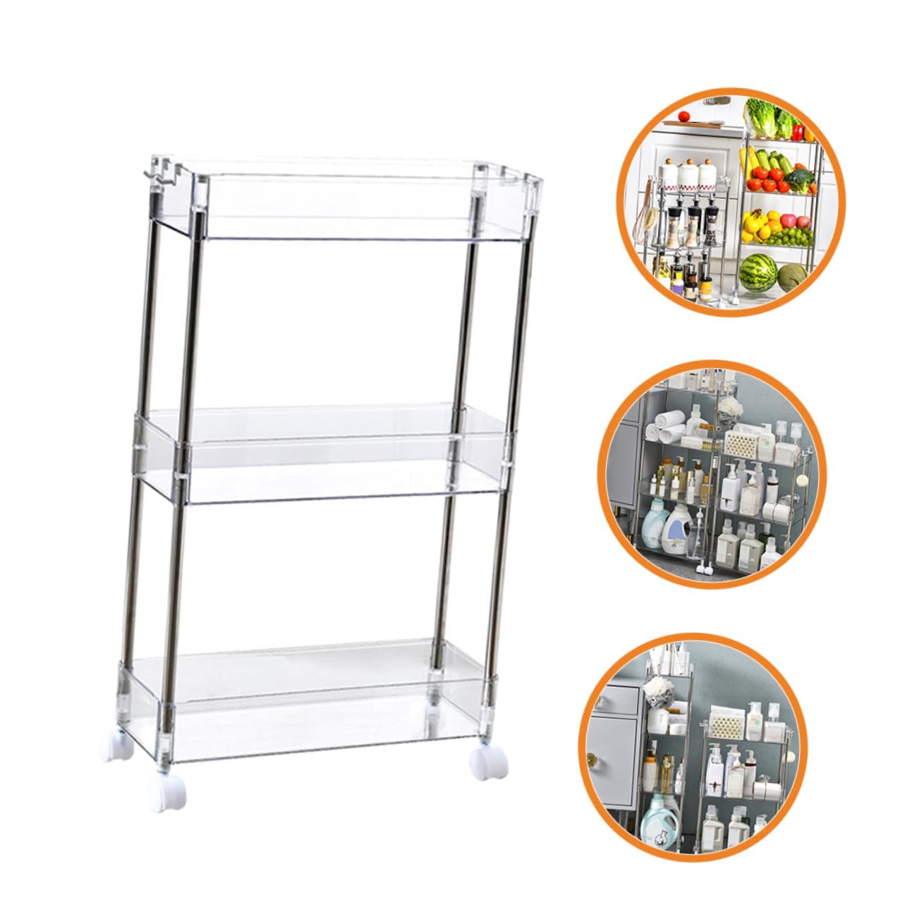 Scaffale Organizzatore da Cucina Trasparente a 3 Ripiani con Ruote | Pet e Acciaio Inossidabile, Spazio Ampio per Spezie e Giochi, Uso su Balcone