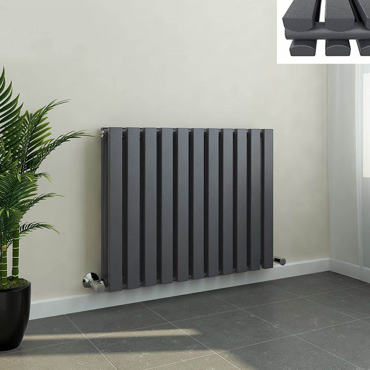 WarmeHaus 600 x 760 mm Grey Anthracite Horizontal Designer Radiator Double Rectangular Flat Panel - Modern Central Heating - Perfect for Bathroom, Kitchen, Living Room