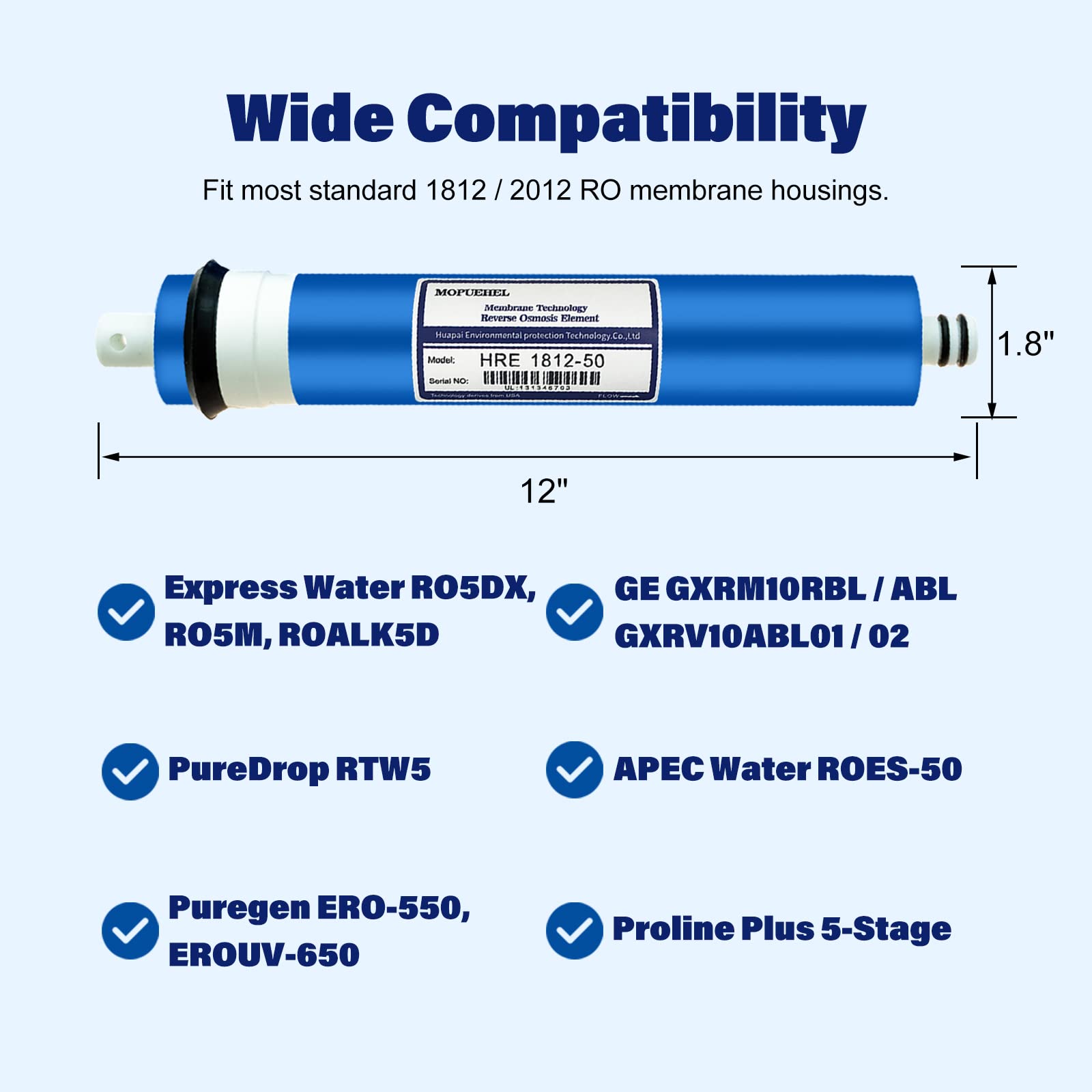 50 GPD membrana odwróconej osmozy, wymienny filtr membranowy RO, kompatybilny z RO5DX / RO5DXC / RO5XBN / RO5XCBN RO5M / RO5MX2 / RO5MXBN / RO5MXC / ROES-50 / MEM-ES-50 / GXRM10RBL (2 szt.)