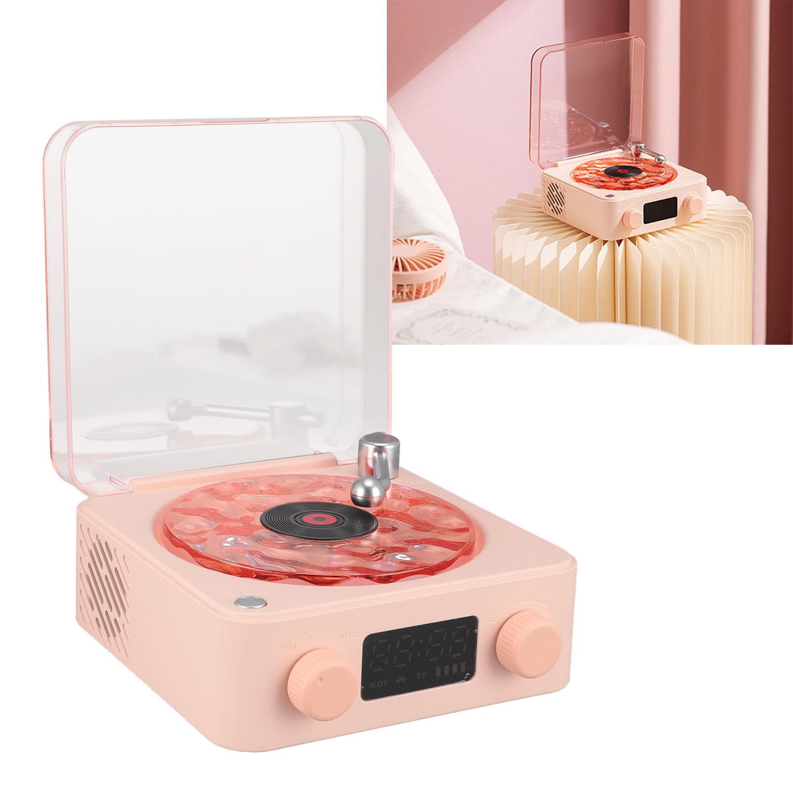 Giradischi Giradischi con Luce Notturna e Display 'Ora Ricevitore BT, Multifunzione 3 in 1, Giradischi Portatile per Intrattenimento e Decorazione (Roseo)
