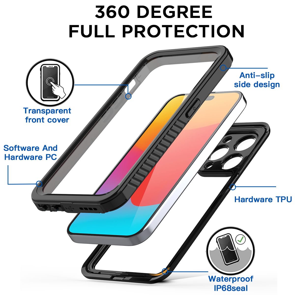 ANROD Para IPhone 14 Pro Impermeable Carcasas,IP68 Antichoque Anti-Nieve Submarino Cuerpo Completo Delgado Transparente
