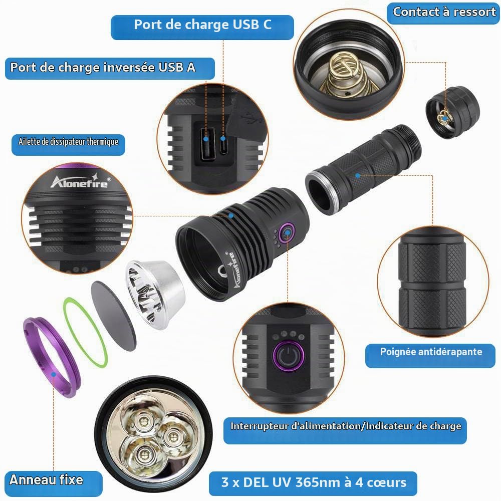 Alonefire SV43 36W Lampe Torche UV LED 365nm Rechargeable Lampe Ultraviolet Lumiere Noire Détecteur D'urine pour Resine, Peinture, Scorpion, Minéraux avec Lunettes de Protection UV, Pile Incluse