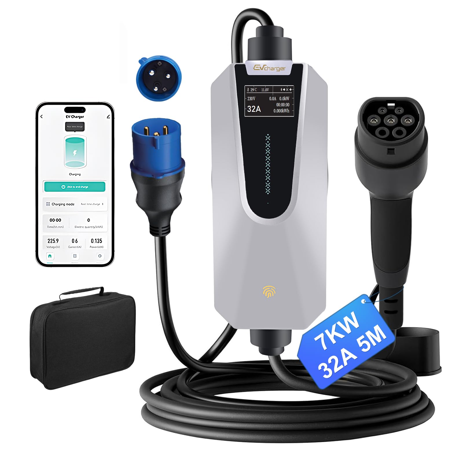 Cargador EV Tipo 2 Portátil de 7KW con Corriente Ajustable de 8A a 32A, Estación de Carga para Vehículos Eléctricos, Admite Control por App, con Pantalla LED Digital y Bolsa