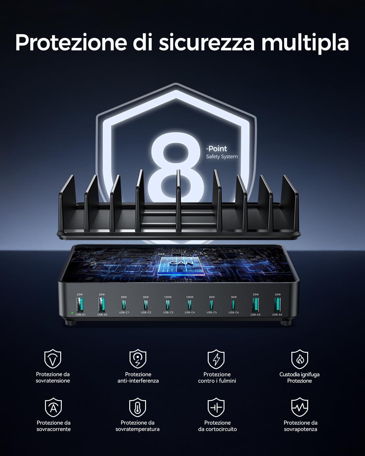 Stazione di Ricarica 400W Multi-dispositivo Rocoren da, PD100W USB C GaN 10 Porte Stazione di Ricarica per Telefoni Cellulari, Caricabatterie da Tavolo Compatibile con MacBook Pro/Air, iPh0ne, Galaxy