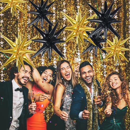 Image of TONIFUL 8 Pcs Explosion Star Balloons Black and Gold Foil Party Decorations | 2 Size Mylar Star Balloon for New Year Party Decor Christmas Graduation Birthday Wedding Baby Shower Photo Booth Supplies