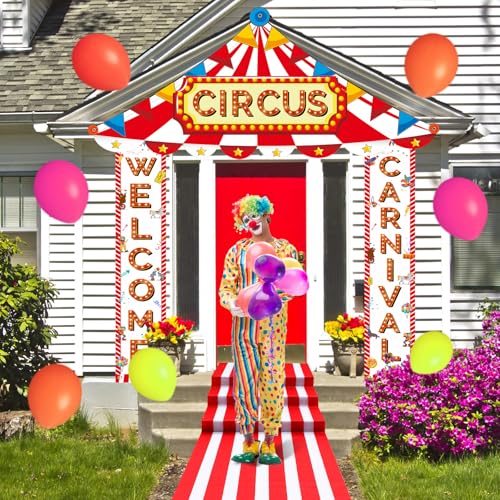 Image of Fanfanwin 4 Pcs Carnival Circus Tent Decorations Carnival Entryway Door Party Decor Awning Hanging Banner Aisle Runners Supply for Circus Theme Birthday Celebration(Welcome)