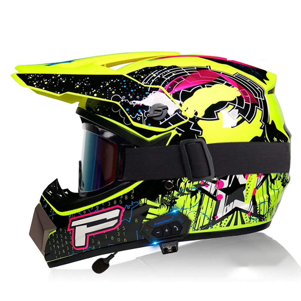 DCLINA ATV Outdoor Motocross Racing Helm mit Bluetooth, Full Face Dirt Bike Helme Erwachsene Motorrad Offroad Helm MTB Street Moped Cross Crash Helm DOT Approved Unisex (4-teiliges Set)