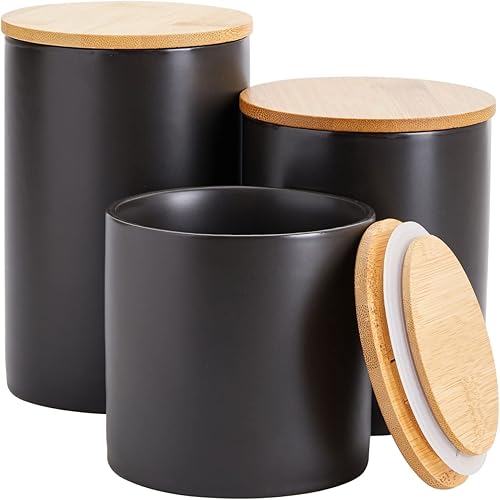 Farmlyn Creek Juego de 3 recipientes de cocina negro mate con tapas herméticas de bambú de madera, recipientes para encimera de cocina, tarros de