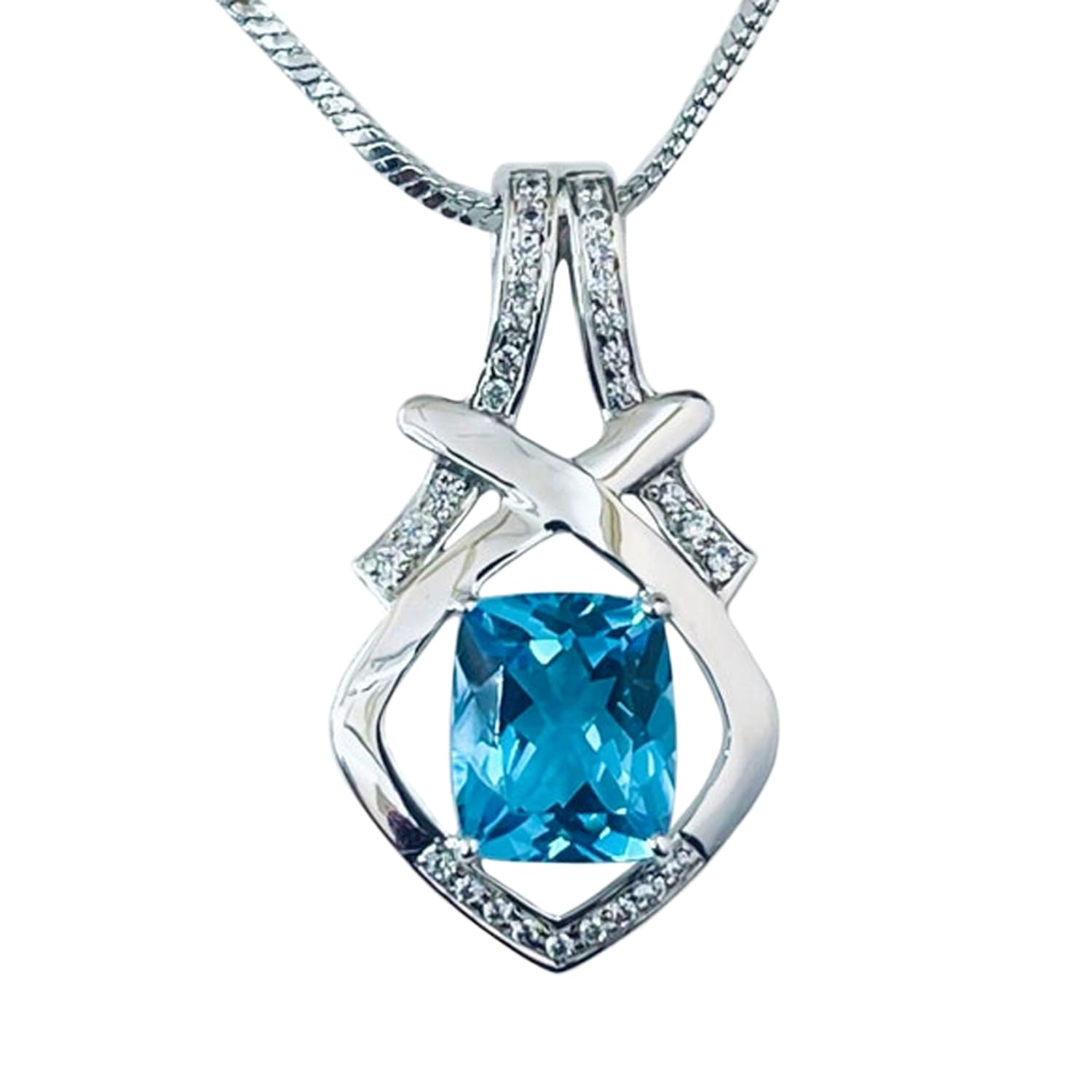 Collier trillon argent topaze naturelle zircone pendentif bleu 45 cm