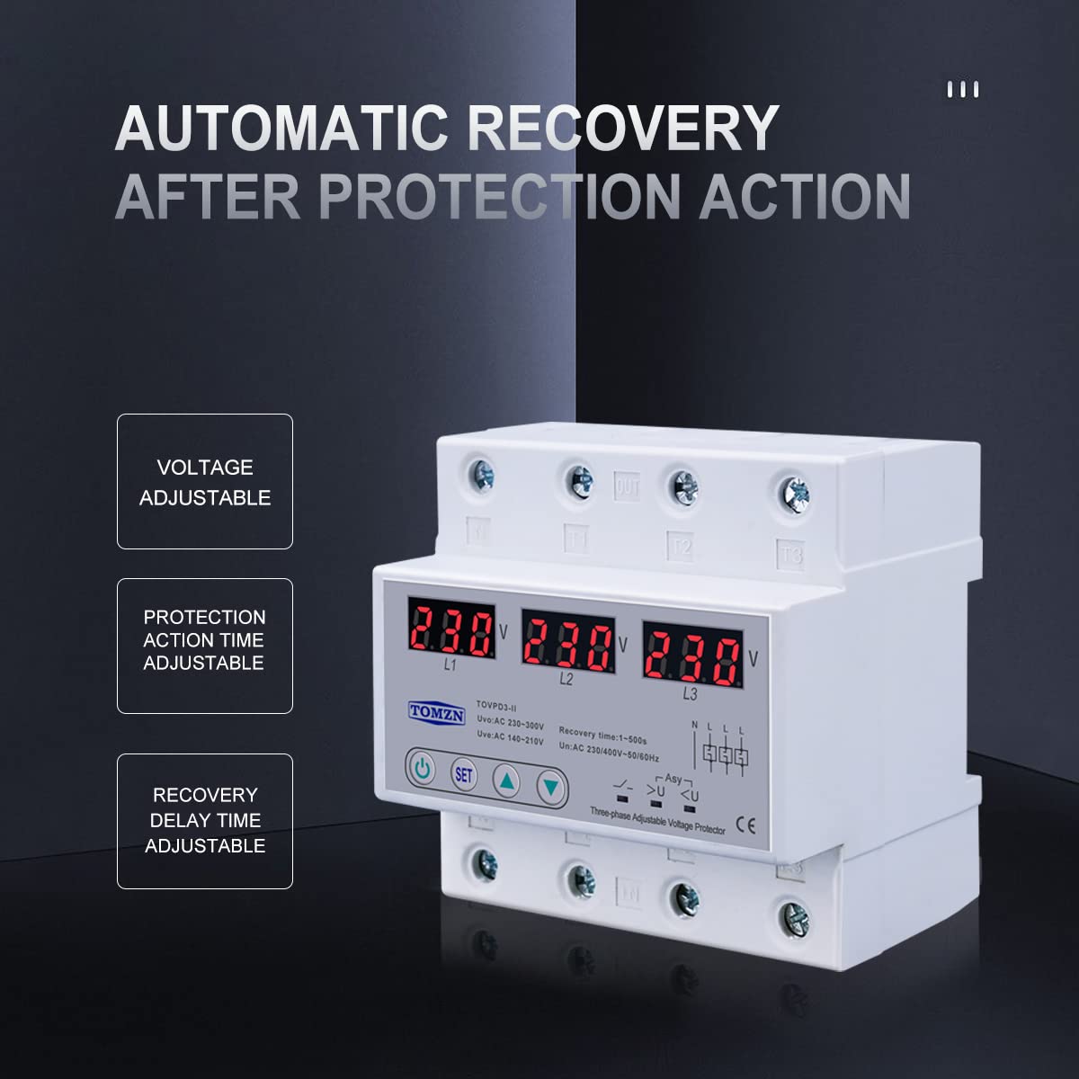 Magnetotermico 16a Voltímetro trifásico ajustable Protector de sobretensión y bajo voltaje dispositivo de protección de recuperación automática trifásico reinicio 63A 380V Magnetotermico