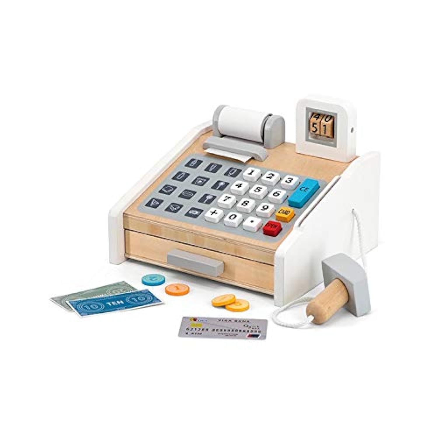 Caisse enregistreuse en bois avec accessoires interactifs pour compter
