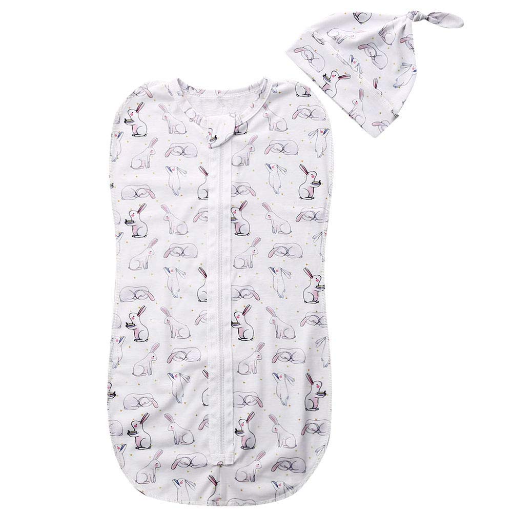 HodJIU Newborn Infant Baby Girls Boys Sleeping Bags Cartoon Animal Print Zipper Swaddle Wrap Blanket + Hat (Ivory rabbit, 0-3 months)
