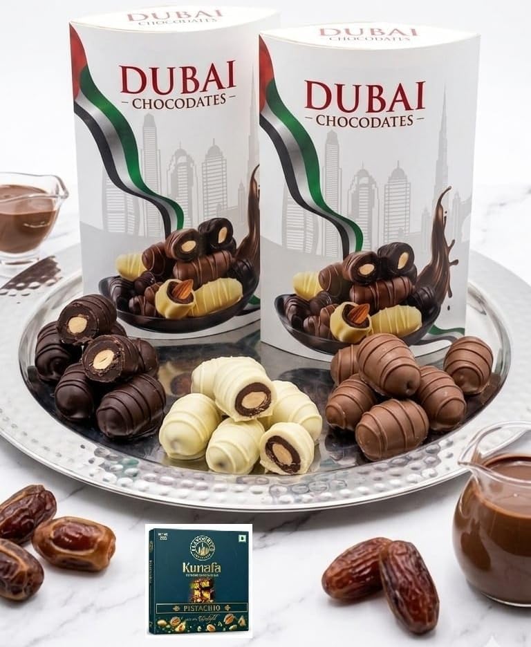 Image of Dubai Chocodates, Chocolate Covered Dates with Nuts, Assorted Flavours, Gift Box 140g, (From UAE) Get Flavourito Kunafa Chocolate 20g Absolutely Free From DECADENT FOODS (Pack of 2)