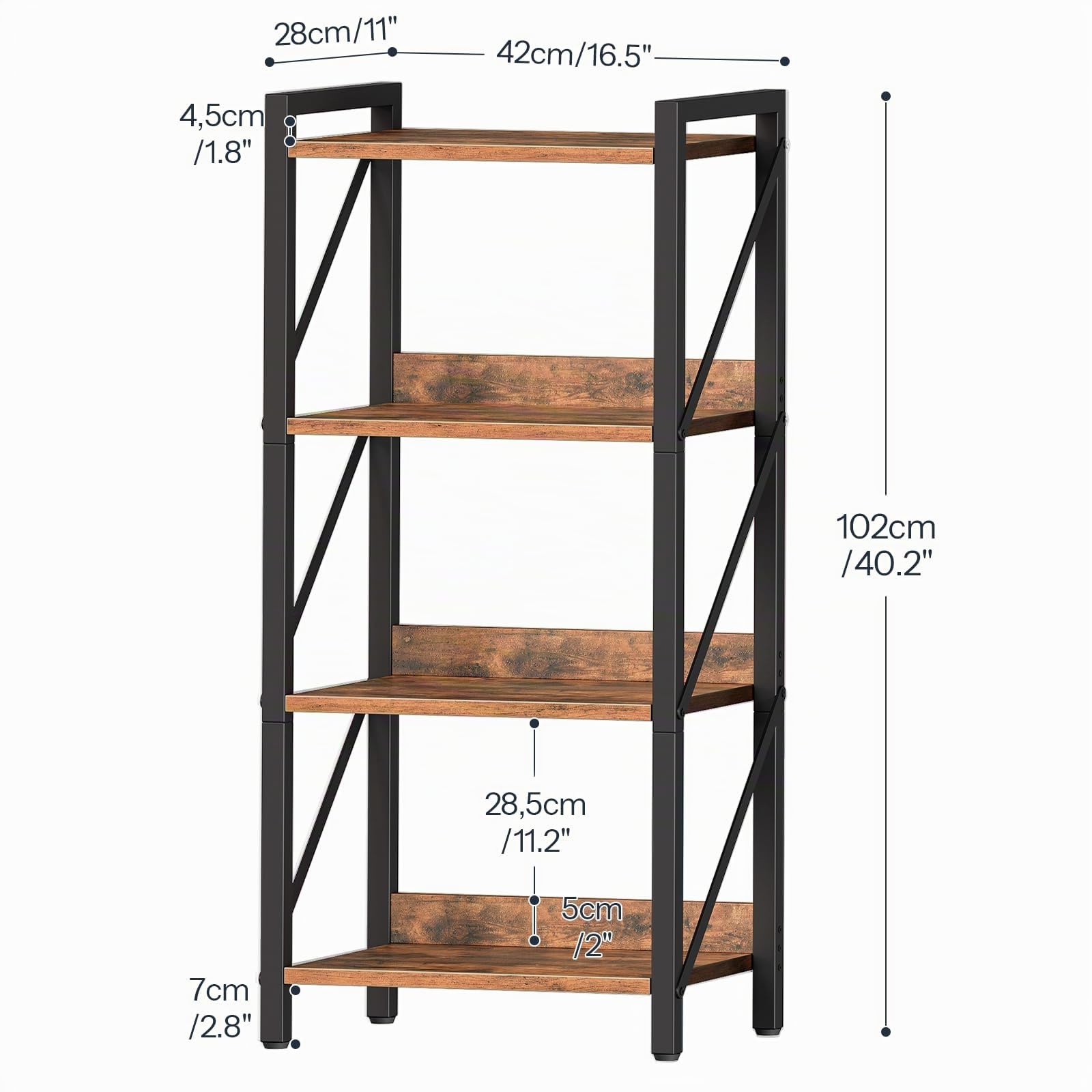HOOBRO Librería de 4 Niveles, Biblioteca Esquinera de Estilo Industrial, Estantería de Exhibición, Marco de Metal para Sala de Estar, Dormitorio, Oficina, Cocina, Marrón Rústico y Negro EBF40SJ01